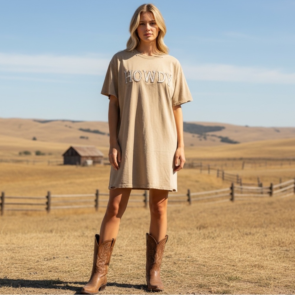 NEW blue b Washed Brown Rhinestone HOWDY Distressed Western T-Shirt Mini Dress